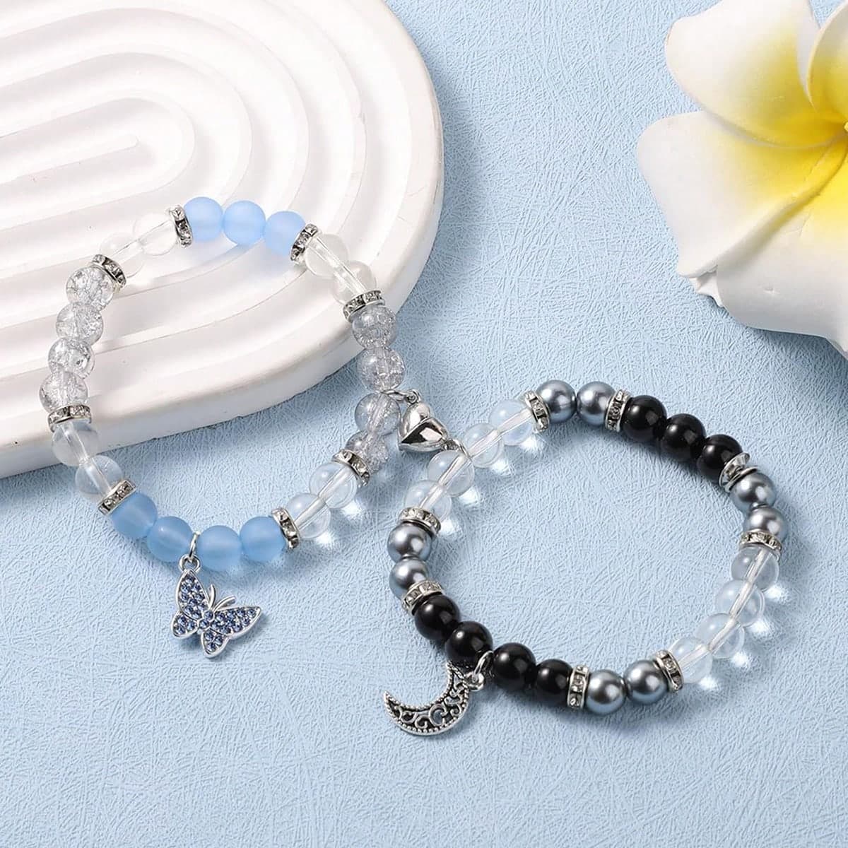 2 pièces Bracelets de couple, bracelets assortis papillon magnétique et lune, bracelets en forme de cœur d'attraction mutuelle de la